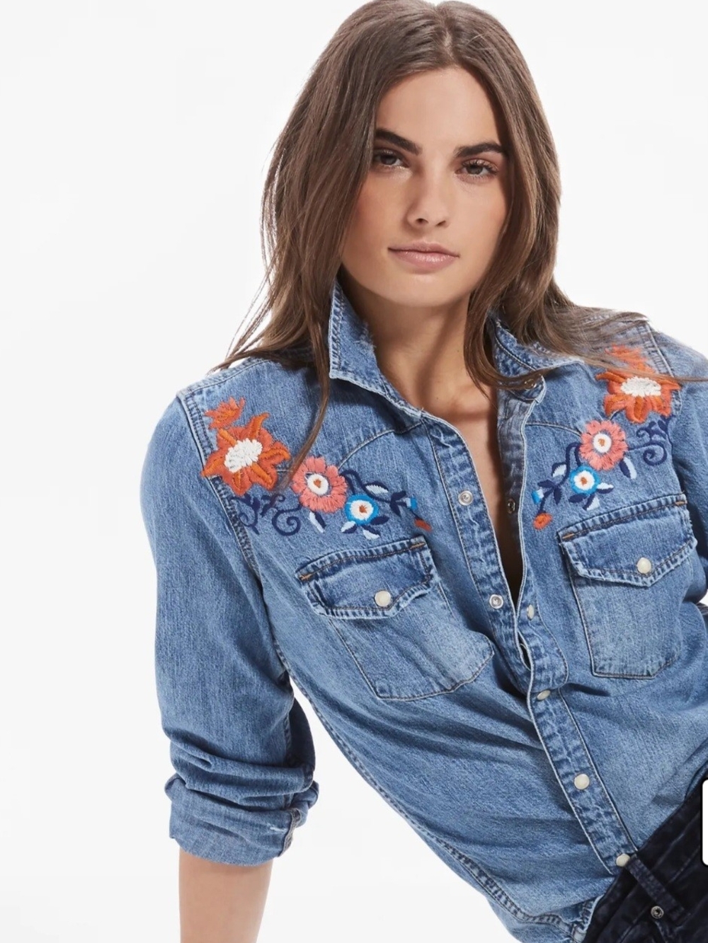 NWT Lucky Brand, Womens's Floral EMBROIDERED Demin Western Button Down, Small